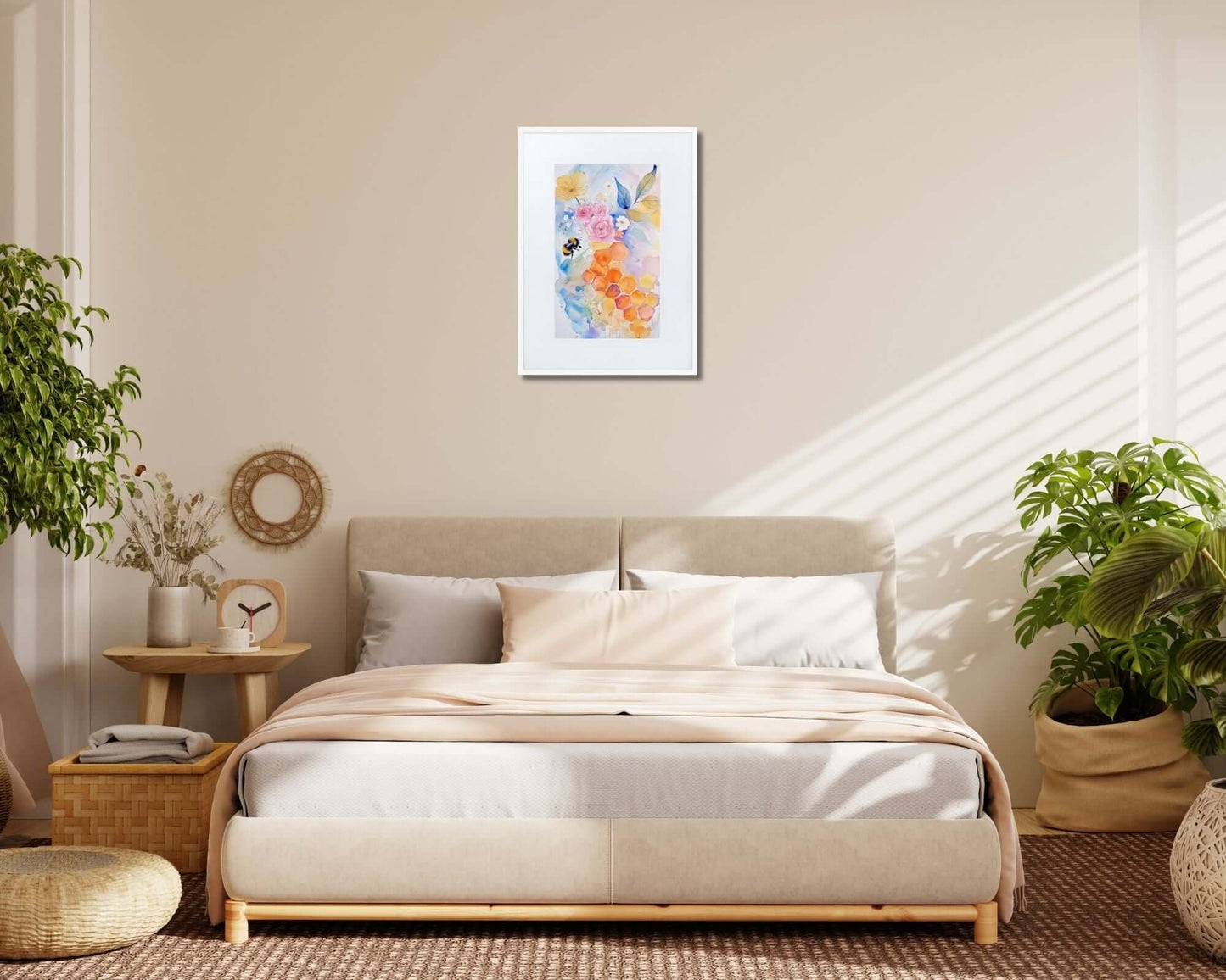 Framed "{{product-type}}" with abstract watercolour flowers in calm, pastel colors. The "{{title}}" design is perfect for creating a serene and joyful space.