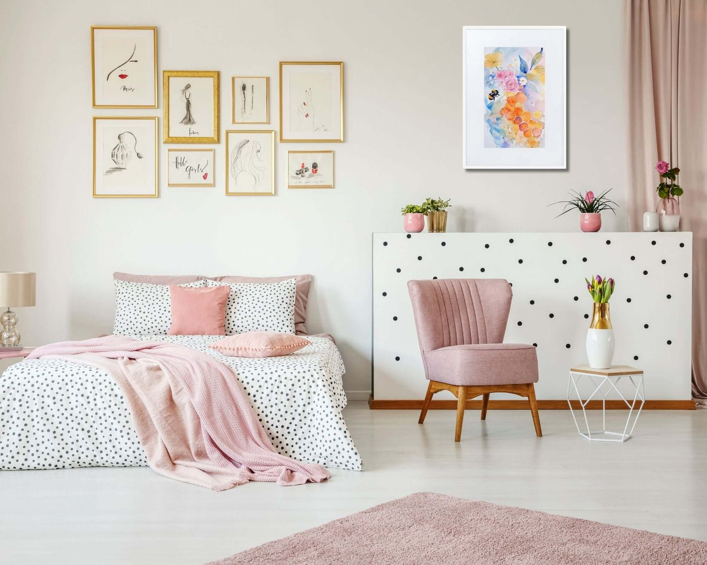 Framed "{{product-type}}" with abstract watercolour flowers in calm, pastel colors. The "{{title}}" design is perfect for creating a serene and joyful space.