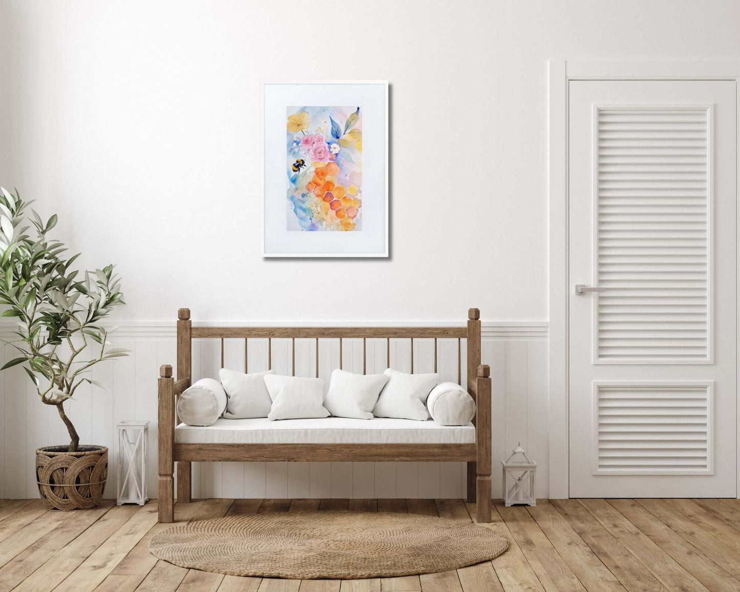 Framed "{{product-type}}" with abstract watercolour flowers in calm, pastel colors. The "{{title}}" design is perfect for creating a serene and joyful space.