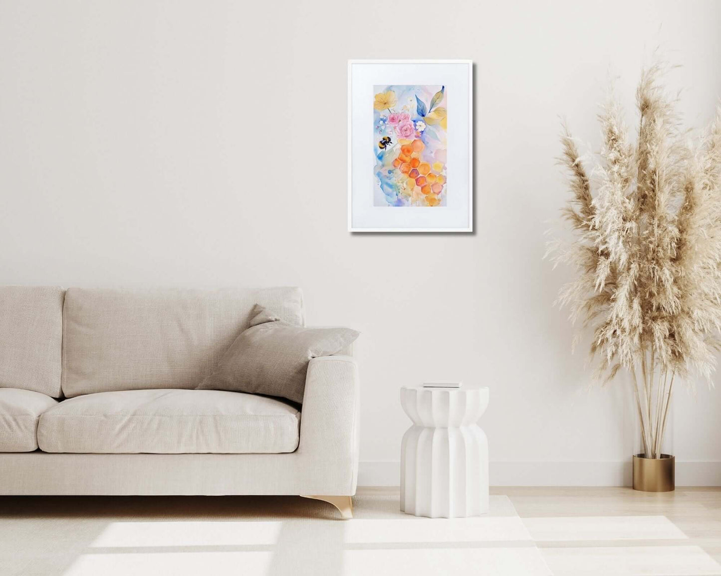 Framed "{{product-type}}" with abstract watercolour flowers in calm, pastel colors. The "{{title}}" design is perfect for creating a serene and joyful space.