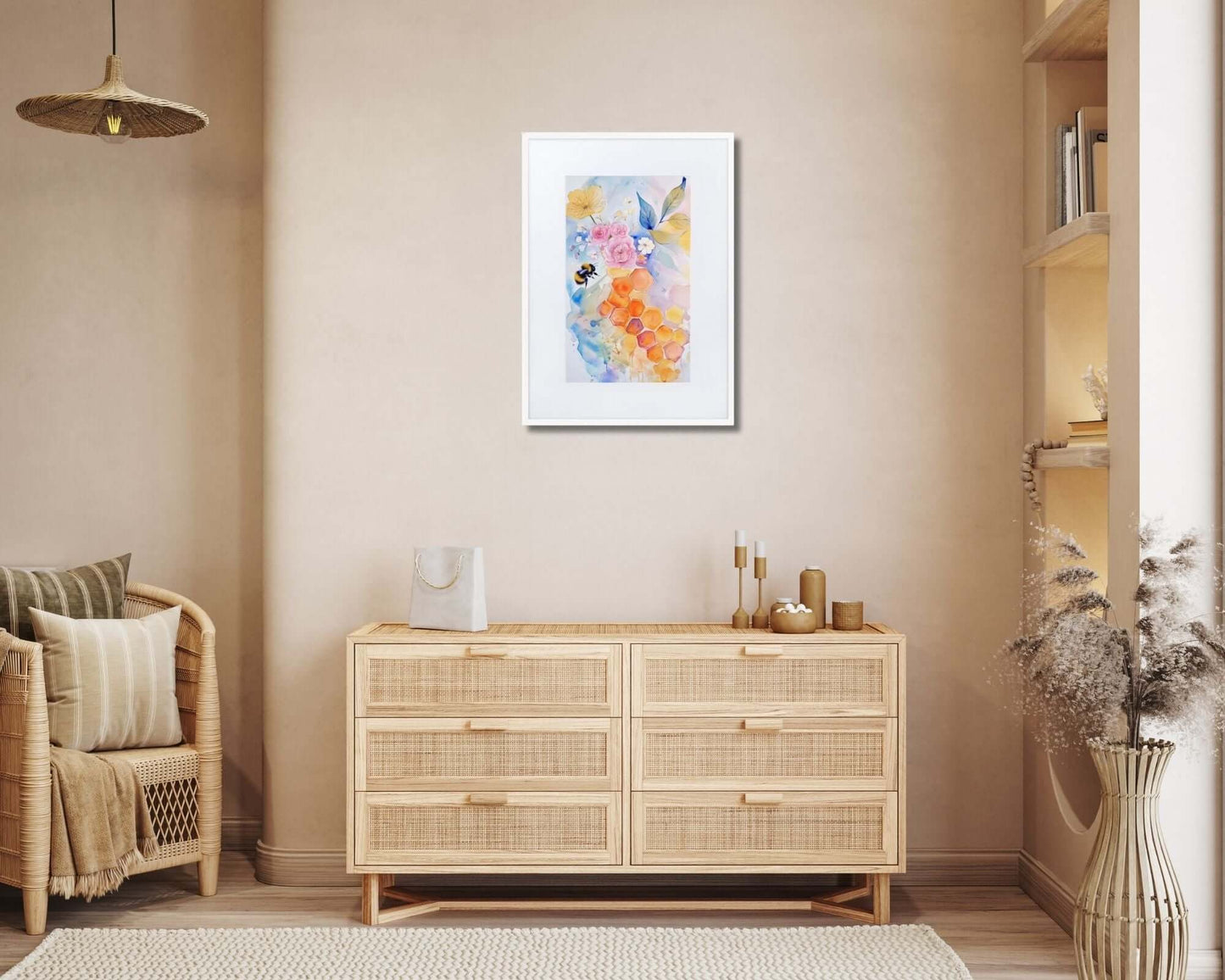 Framed "{{product-type}}" with abstract watercolour flowers in calm, pastel colors. The "{{title}}" design is perfect for creating a serene and joyful space.