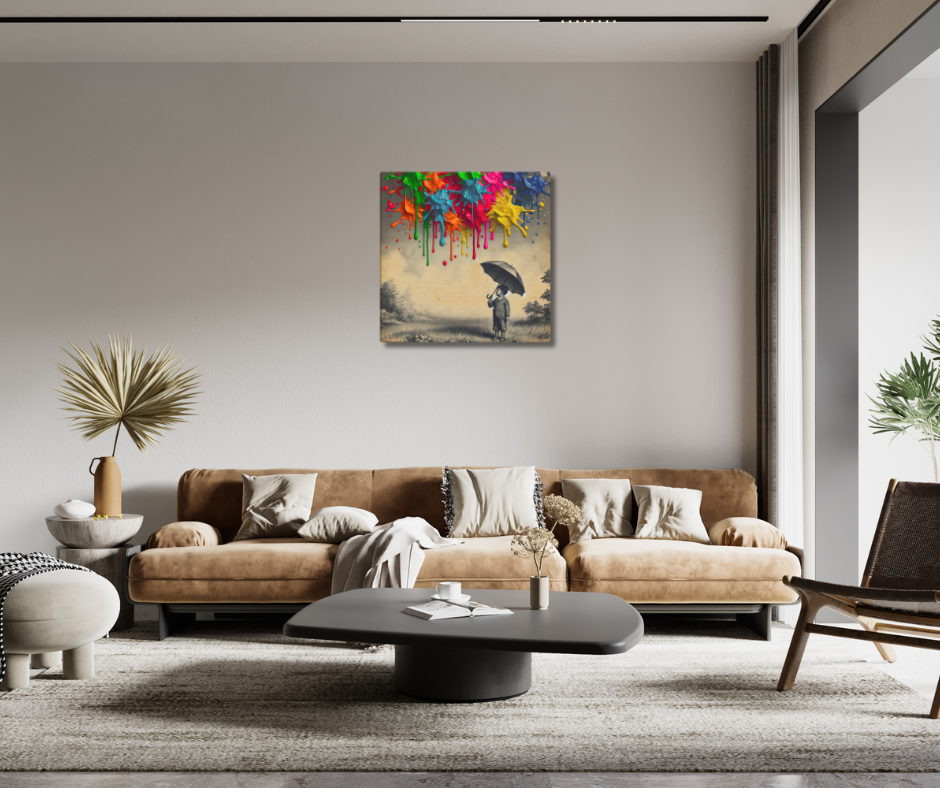 Canvas art titled 'Colorful Imagination,' featuring a child holding an umbrella surrounded by vibrant paint splashes, perfect for playful and creative home decor.