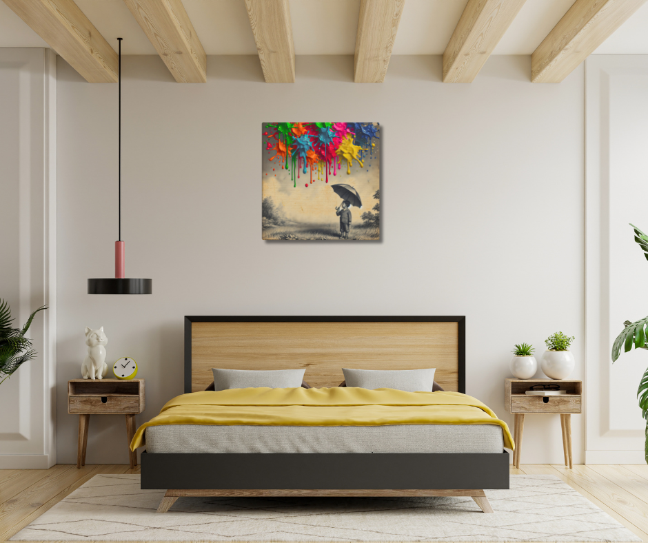 Canvas art titled 'Colorful Imagination,' featuring a child holding an umbrella surrounded by vibrant paint splashes, perfect for playful and creative home decor.