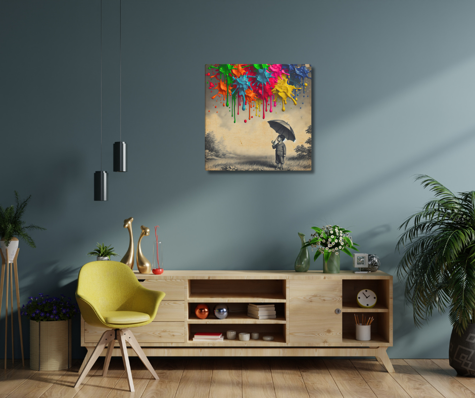 Canvas art titled 'Colorful Imagination,' featuring a child holding an umbrella surrounded by vibrant paint splashes, perfect for playful and creative home decor.
