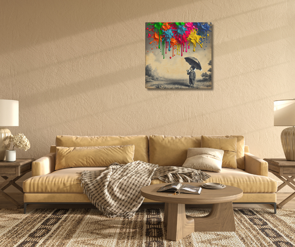Canvas art titled 'Colorful Imagination,' featuring a child holding an umbrella surrounded by vibrant paint splashes, perfect for playful and creative home decor.