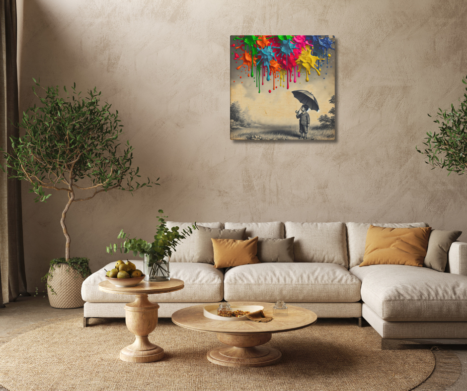 Canvas art titled 'Colorful Imagination,' featuring a child holding an umbrella surrounded by vibrant paint splashes, perfect for playful and creative home decor.