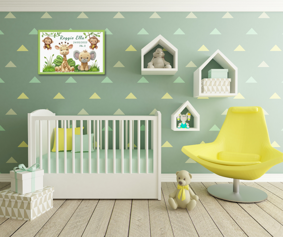 Personalized safari animal nursery canvas art. Features a cute giraffe, elephant, and monkeys. Perfect baby shower gift with custom name and birth stats.