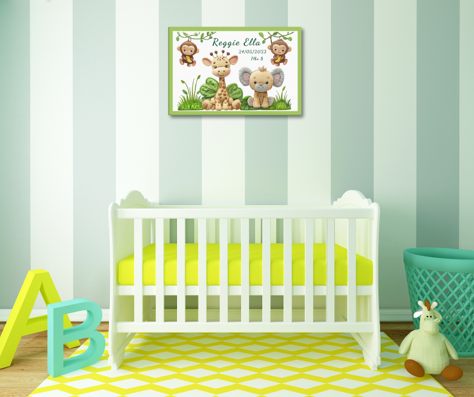 Personalized safari animal nursery canvas art. Features a cute giraffe, elephant, and monkeys. Perfect baby shower gift with custom name and birth stats.