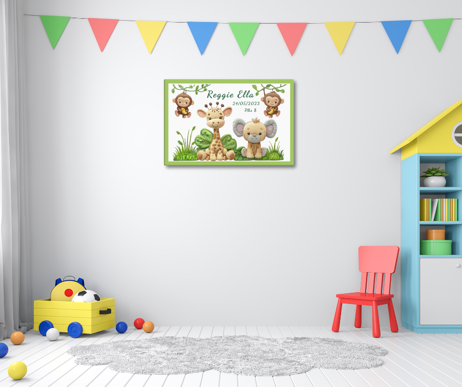 Personalized safari animal nursery canvas art. Features a cute giraffe, elephant, and monkeys. Perfect baby shower gift with custom name and birth stats.