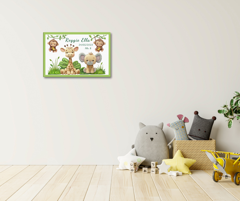 Personalized safari animal nursery canvas art. Features a cute giraffe, elephant, and monkeys. Perfect baby shower gift with custom name and birth stats.