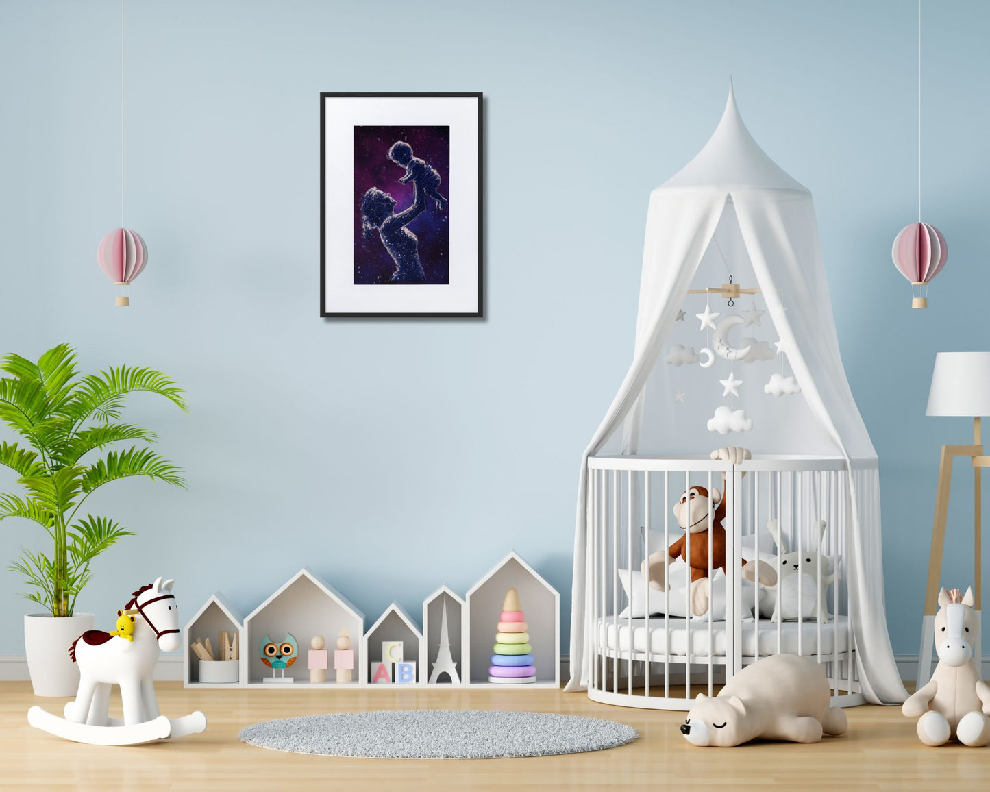 Celestial Motherhood Starry Night Framed Art Print | Cosmic Mother & Child Wall Art