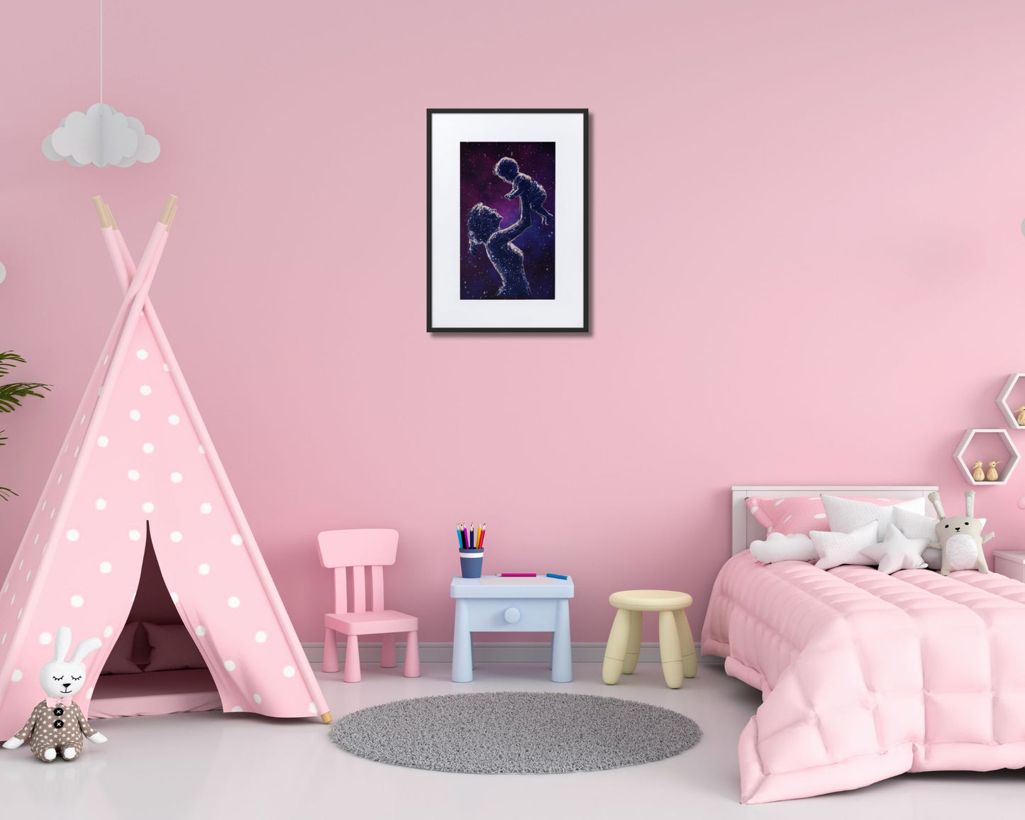 Celestial Motherhood Starry Night Framed Art Print | Cosmic Mother & Child Wall Art