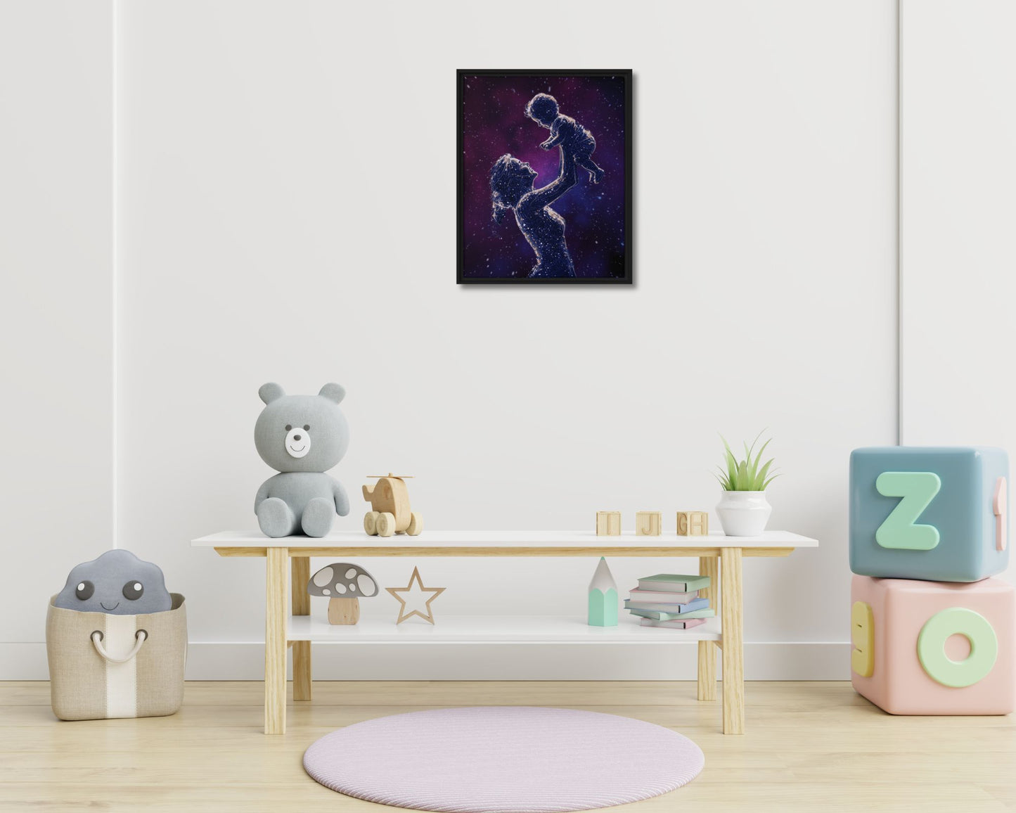 Celestial Motherhood A Love Written in the Stars Framed Canvas | Cosmic Mother & Child Wall Art