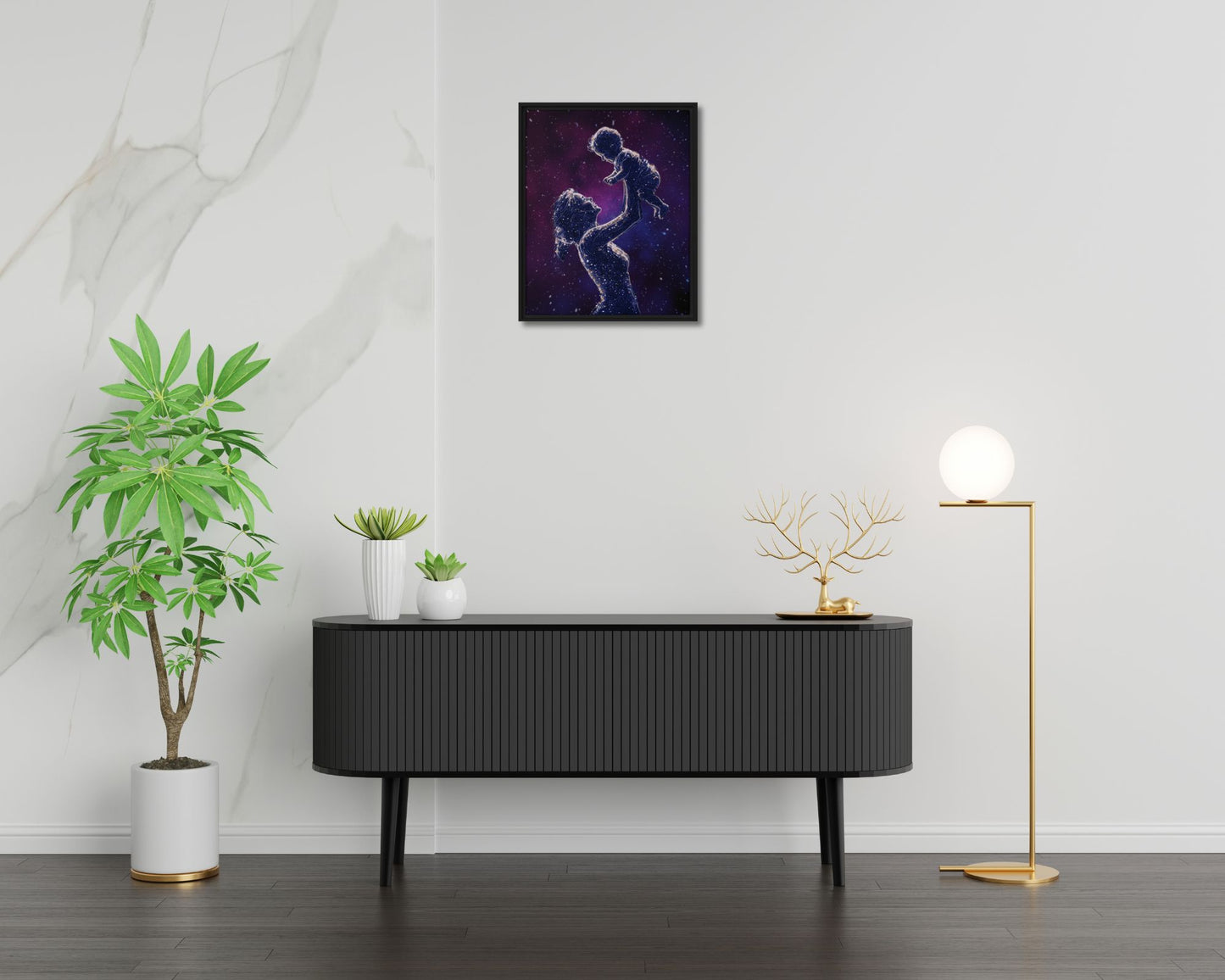 Celestial Motherhood A Love Written in the Stars Framed Canvas | Cosmic Mother & Child Wall Art