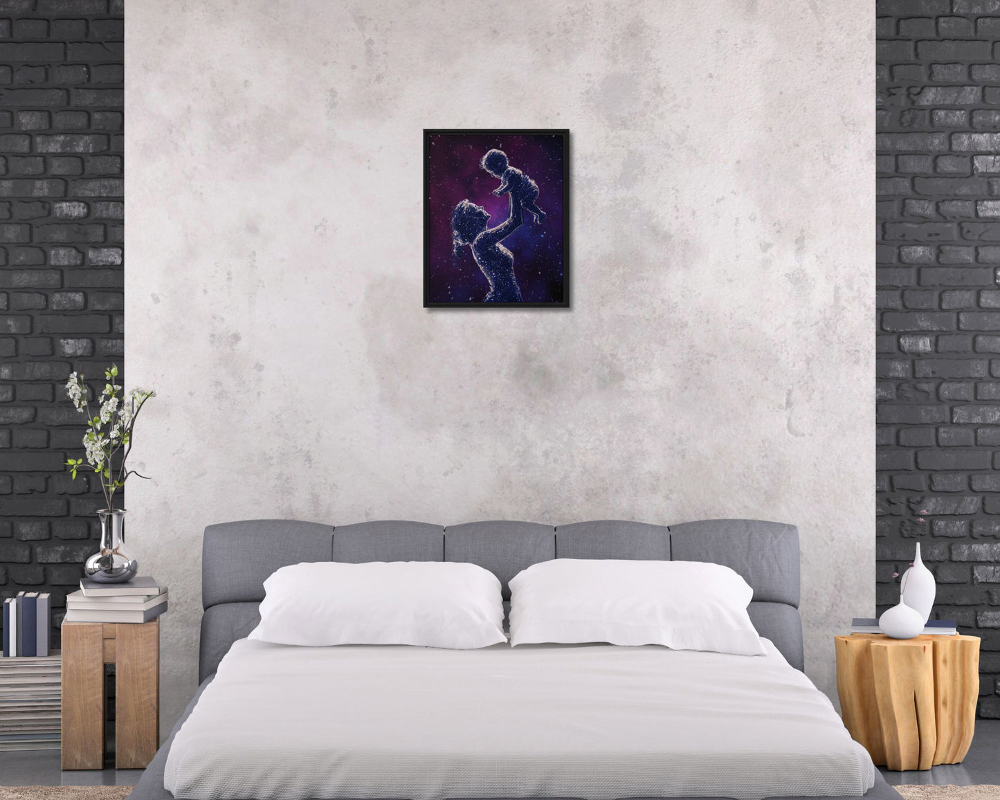 Celestial Motherhood A Love Written in the Stars Framed Canvas | Cosmic Mother & Child Wall Art