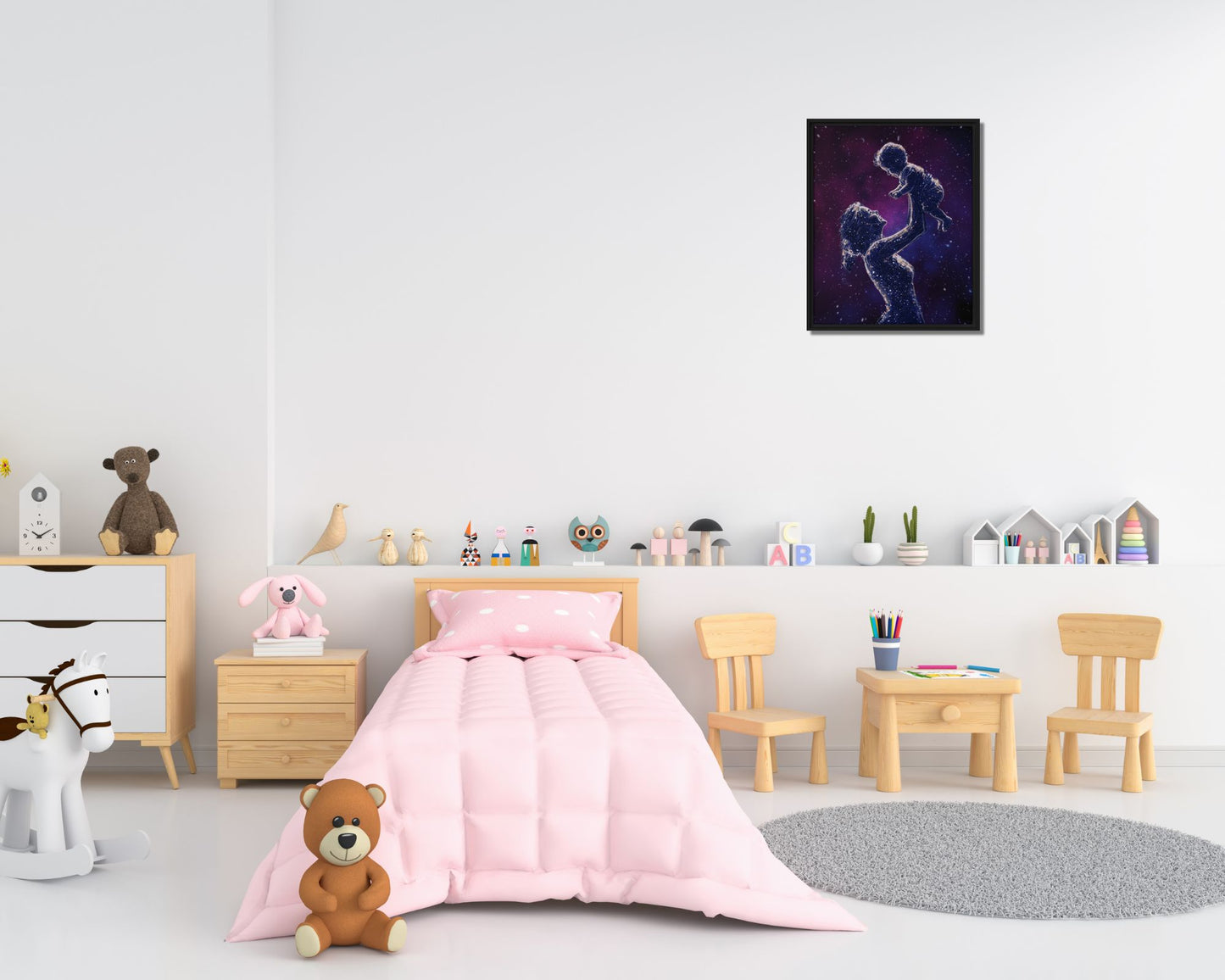Celestial Motherhood A Love Written in the Stars Framed Canvas | Cosmic Mother & Child Wall Art
