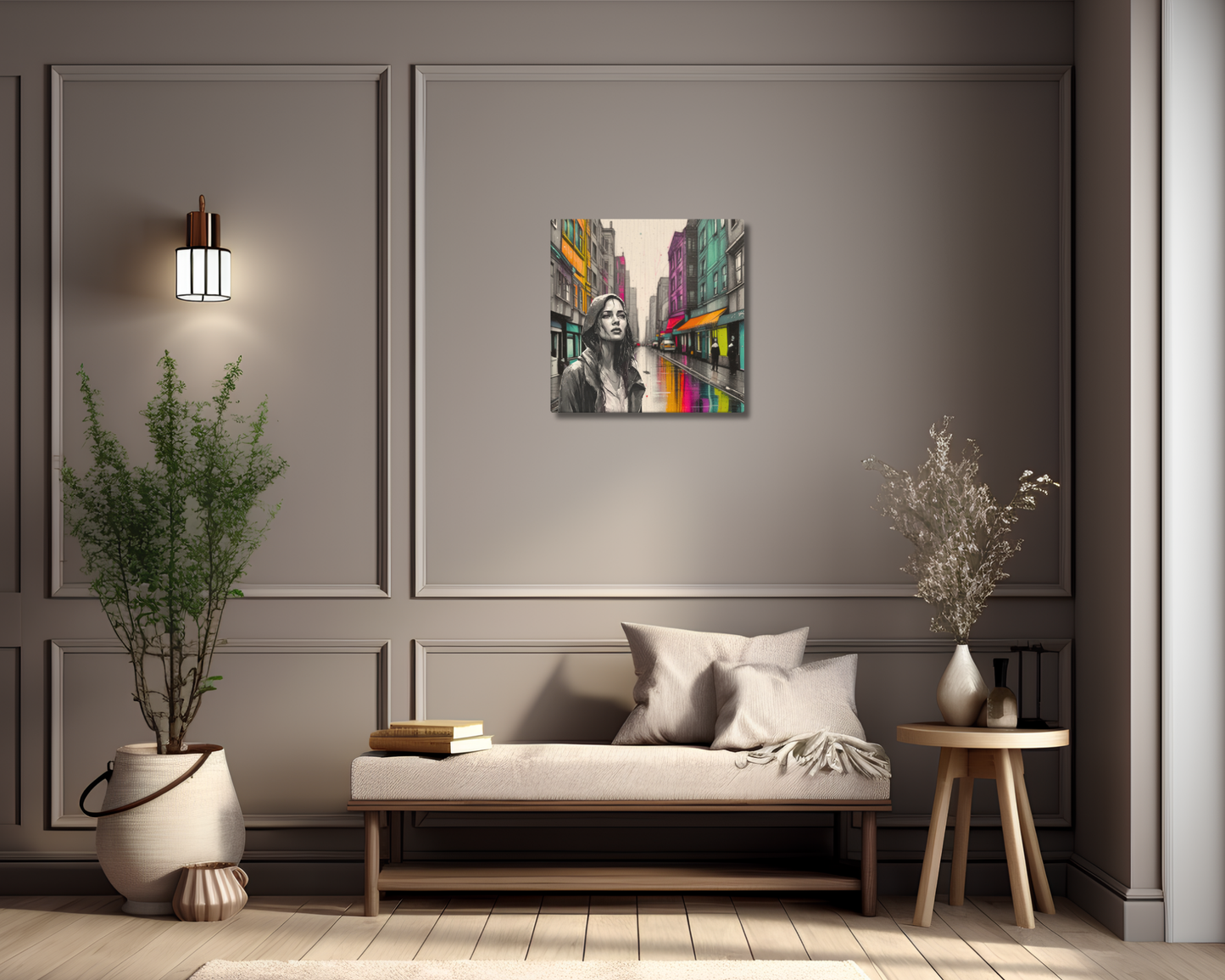 Canvas art titled 'Urban Soul,' featuring a street scene with a woman in a raincoat under city lights, perfect for modern urban and atmospheric home decor.
