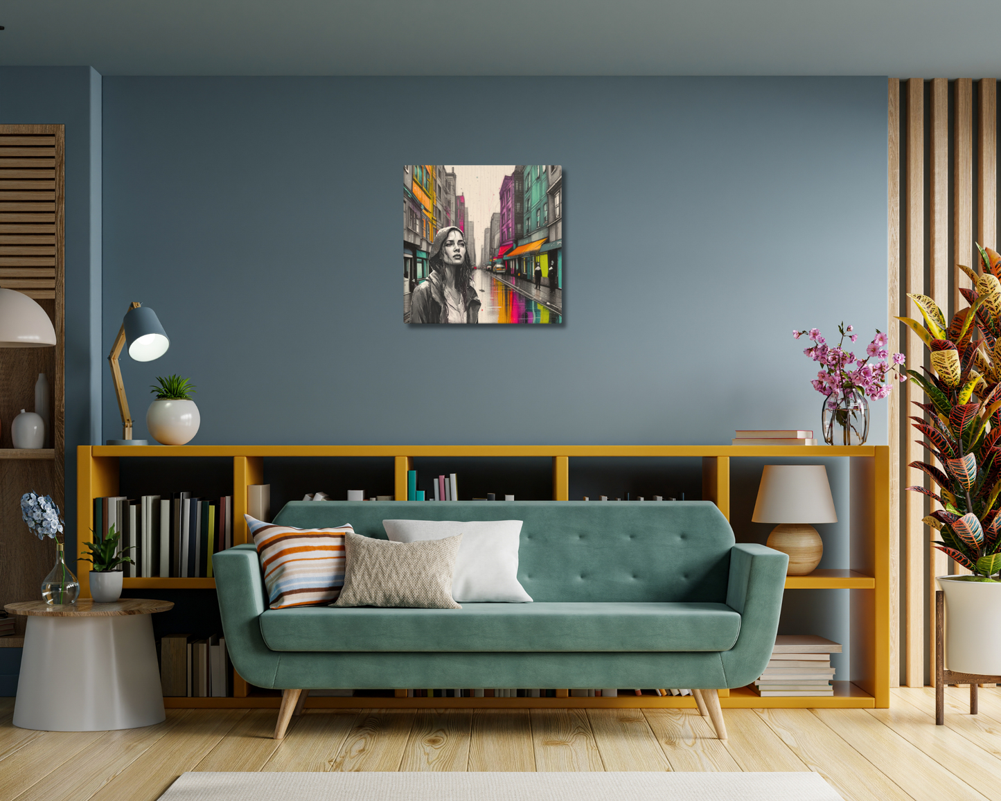Canvas art titled 'Urban Soul,' featuring a street scene with a woman in a raincoat under city lights, perfect for modern urban and atmospheric home decor.