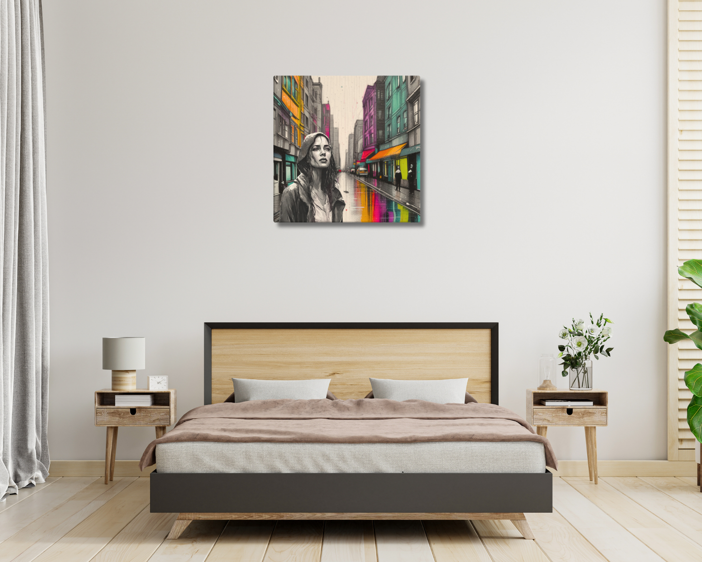 Canvas art titled 'Urban Soul,' featuring a street scene with a woman in a raincoat under city lights, perfect for modern urban and atmospheric home decor.