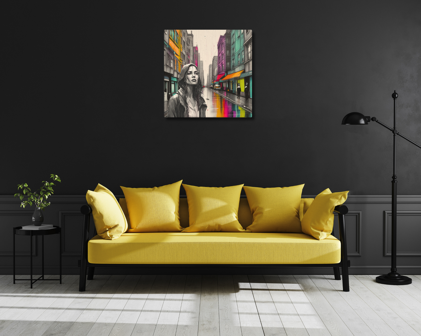 Canvas art titled 'Urban Soul,' featuring a street scene with a woman in a raincoat under city lights, perfect for modern urban and atmospheric home decor.