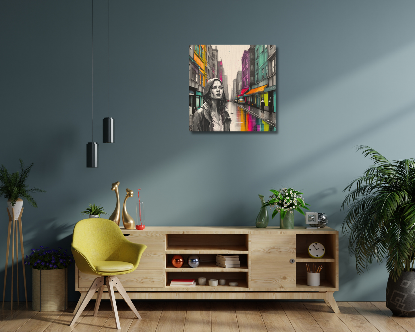 Canvas art titled 'Urban Soul,' featuring a street scene with a woman in a raincoat under city lights, perfect for modern urban and atmospheric home decor.