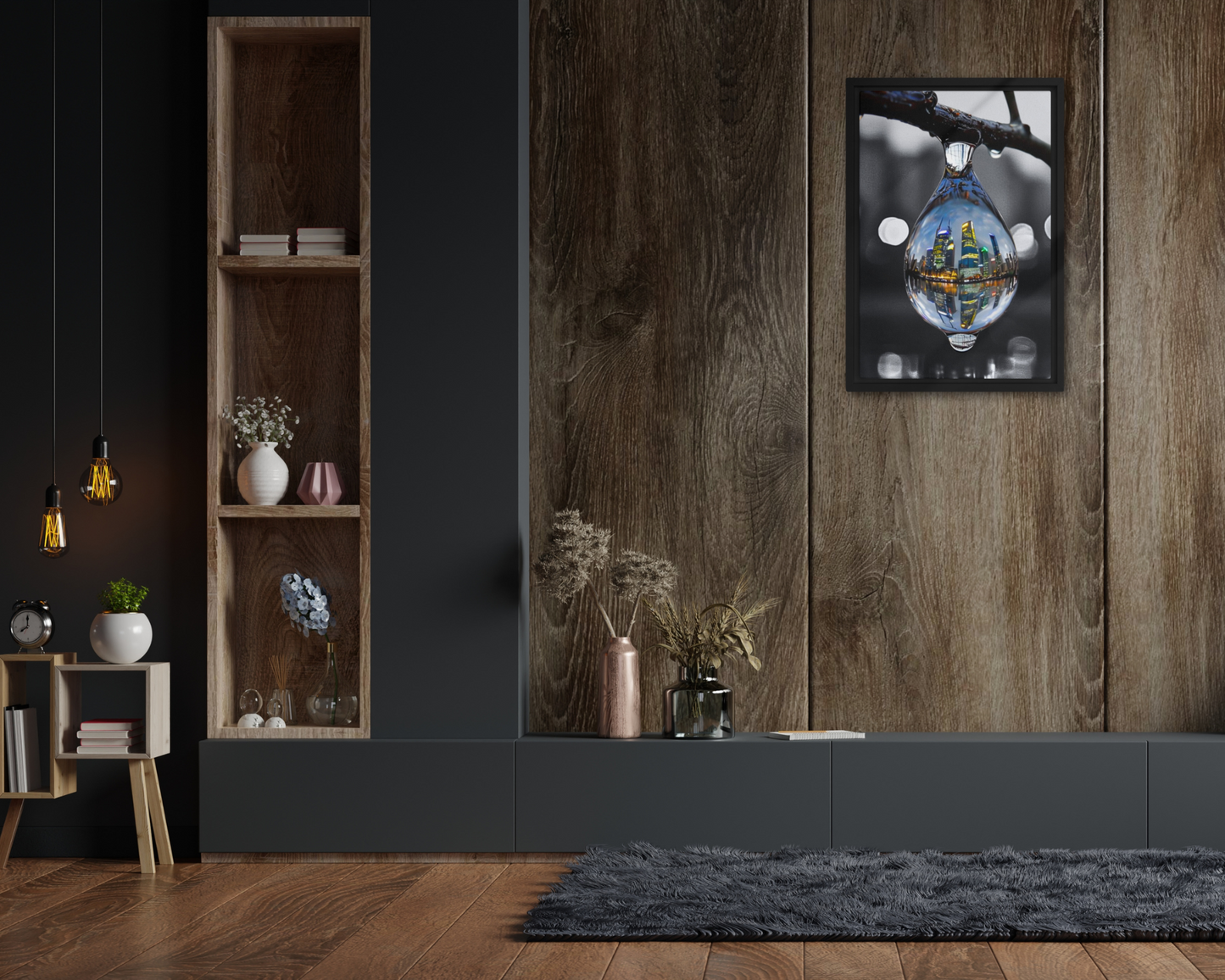 Framed canvas art print of a colorful city skyline reflected in a water droplet. Features unique abstract photography with vibrant colors against a monochrome background. Modern and stylish wall decor.