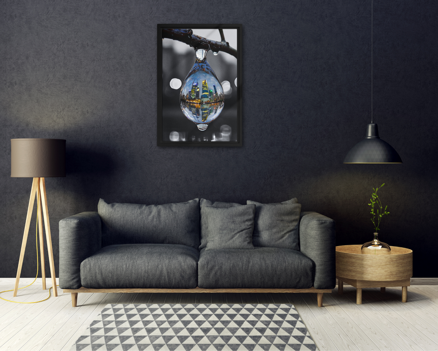 Framed canvas art print of a colorful city skyline reflected in a water droplet. Features unique abstract photography with vibrant colors against a monochrome background. Modern and stylish wall decor.