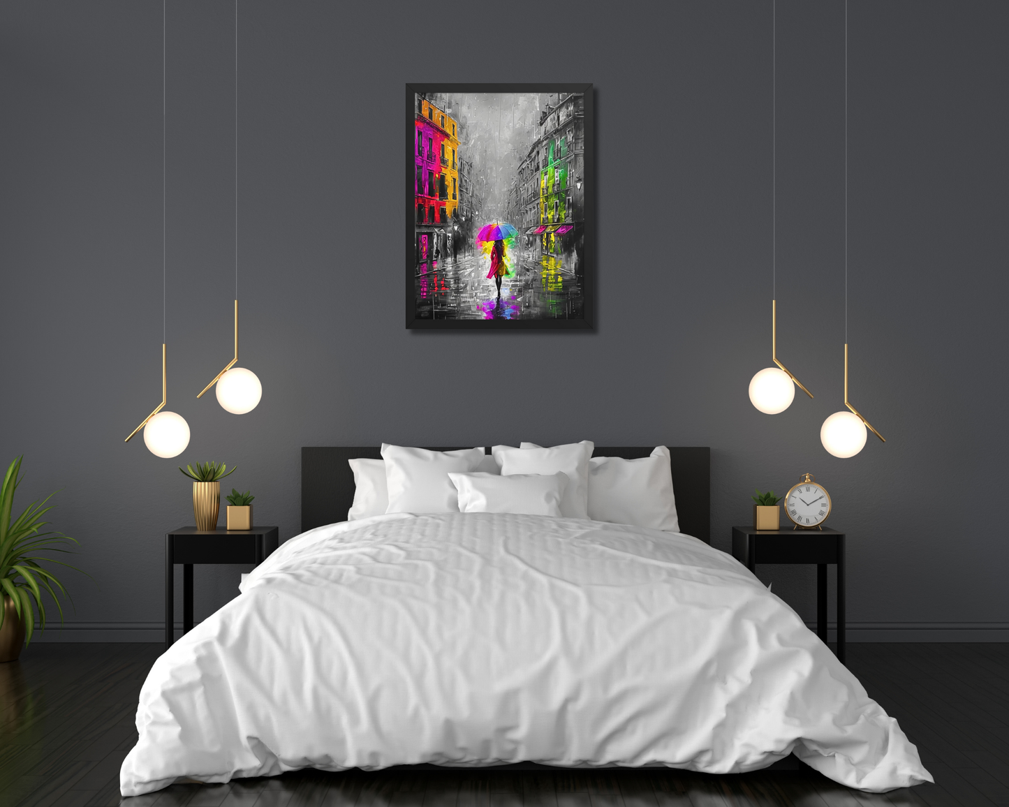 Black framed "{{product-type}}" featuring an abstract black and white portrait with splashes of gold. The "{{title}}" design is an elegant and modern piece of art for inner peace.