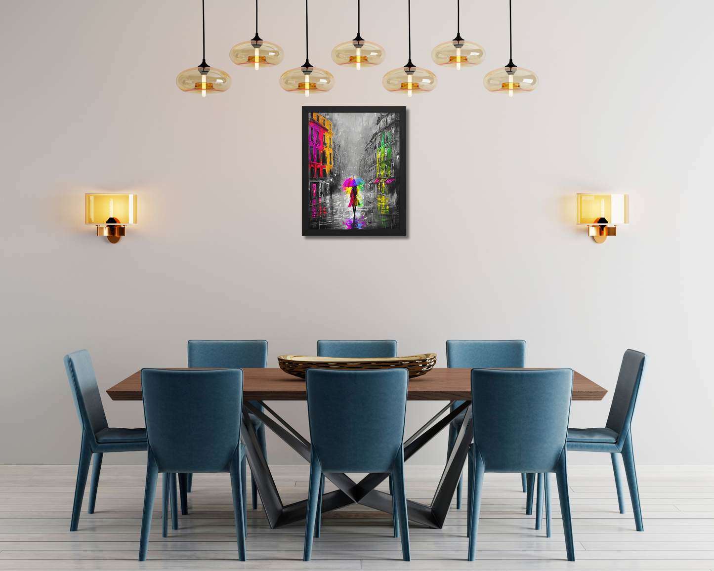 Black framed "{{product-type}}" featuring an abstract black and white portrait with splashes of gold. The "{{title}}" design is an elegant and modern piece of art for inner peace.
