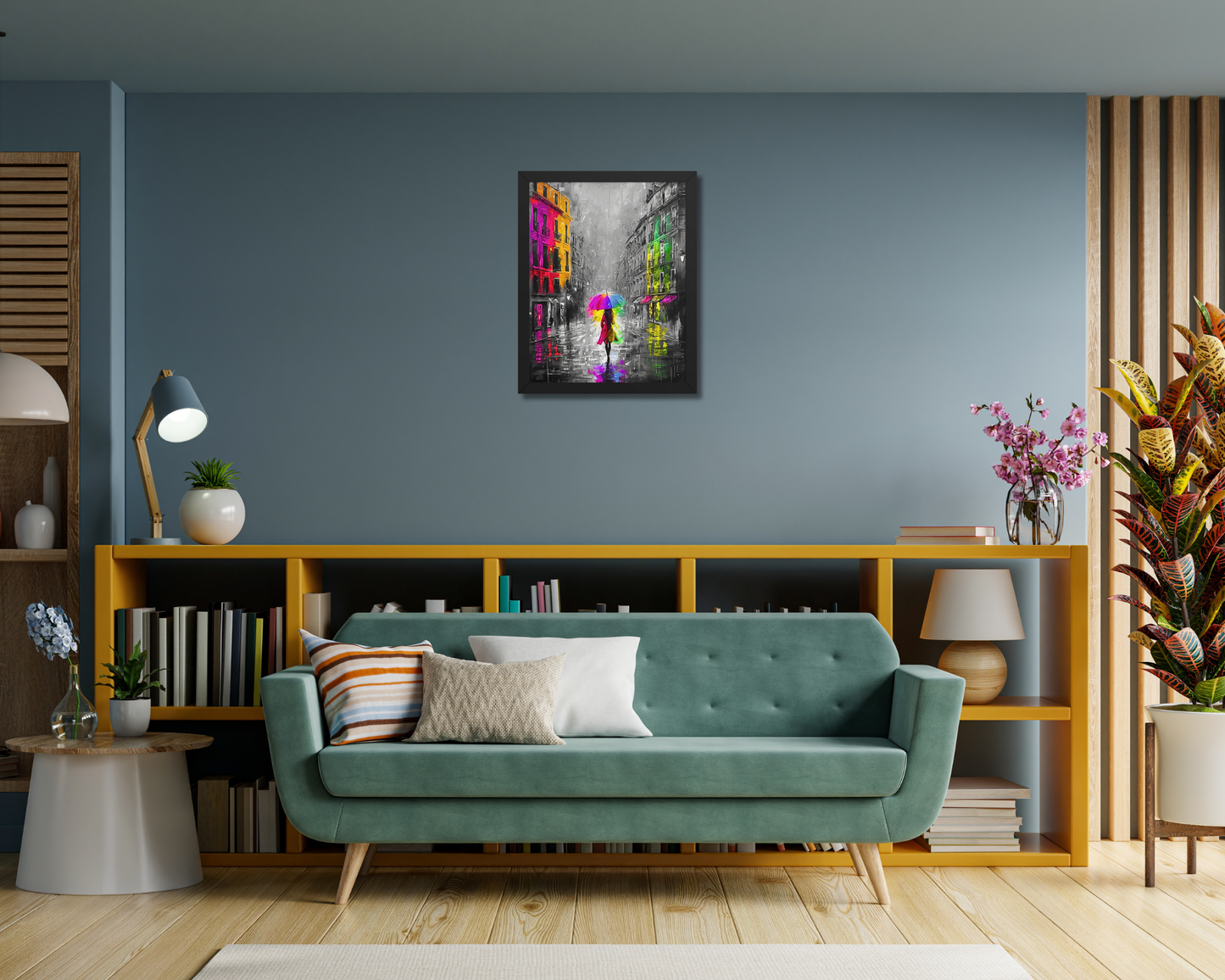 Black framed "{{product-type}}" featuring an abstract black and white portrait with splashes of gold. The "{{title}}" design is an elegant and modern piece of art for inner peace.
