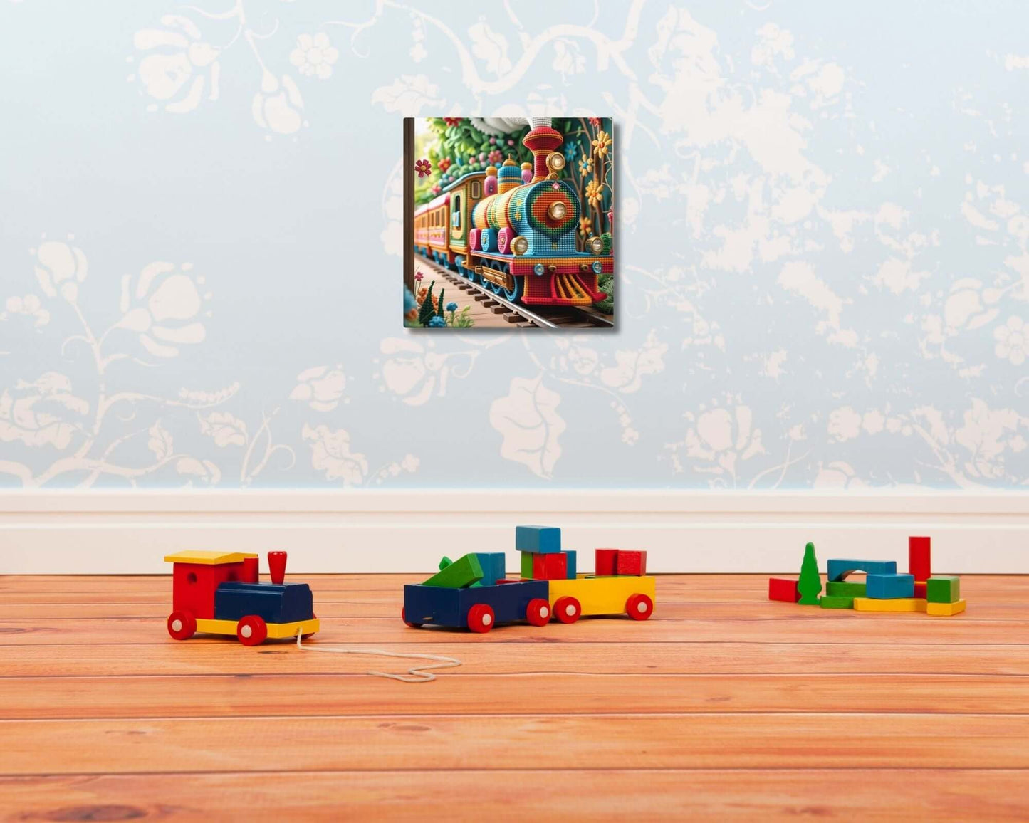Stretched "{{product-type}}" with a colorful cross-stitch design of a train. The "{{title}}" art is a charming and unique decor piece for a child's nursery.