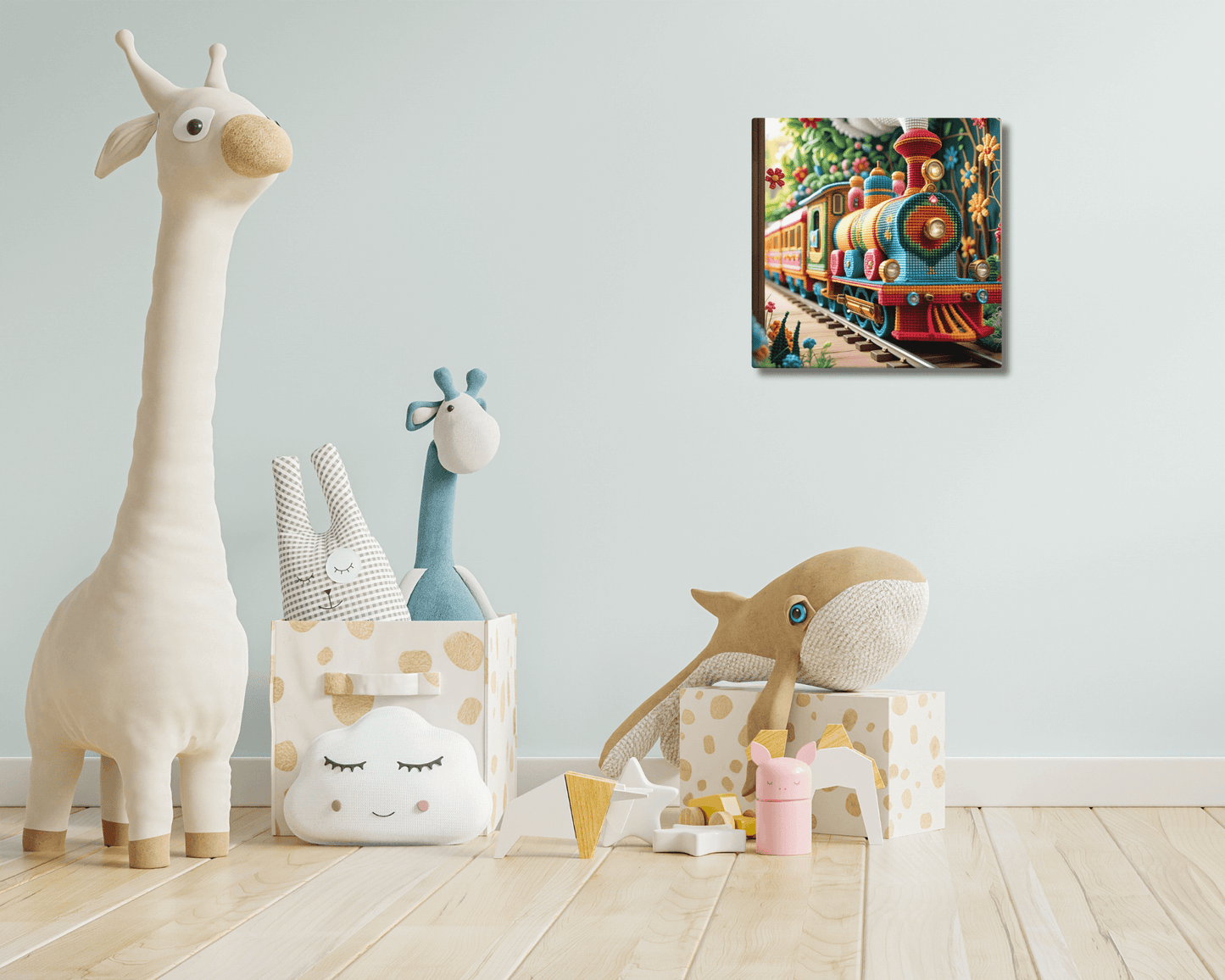 Stretched "{{product-type}}" with a colorful cross-stitch design of a train. The "{{title}}" art is a charming and unique decor piece for a child's nursery.