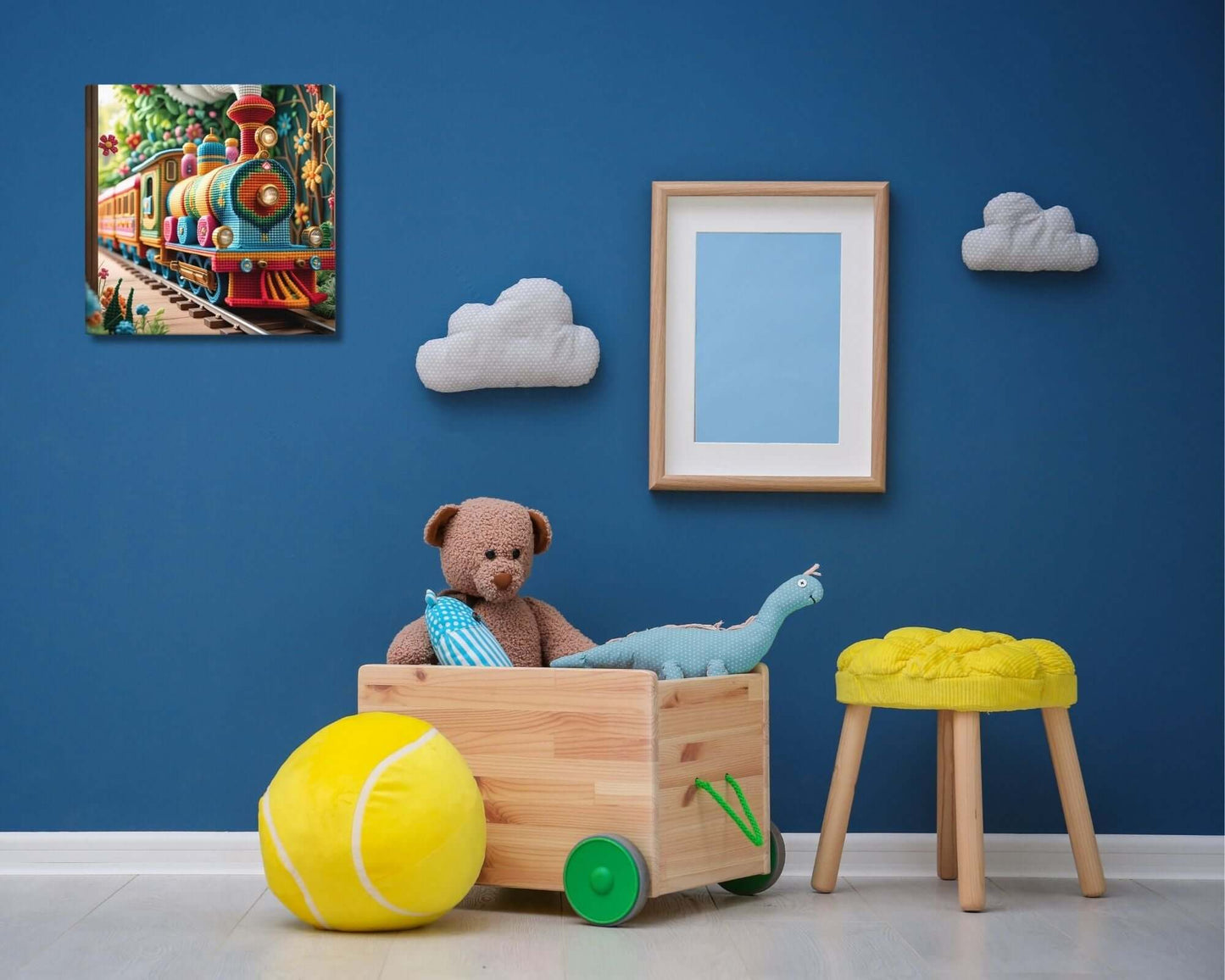 Stretched "{{product-type}}" with a colorful cross-stitch design of a train. The "{{title}}" art is a charming and unique decor piece for a child's nursery.