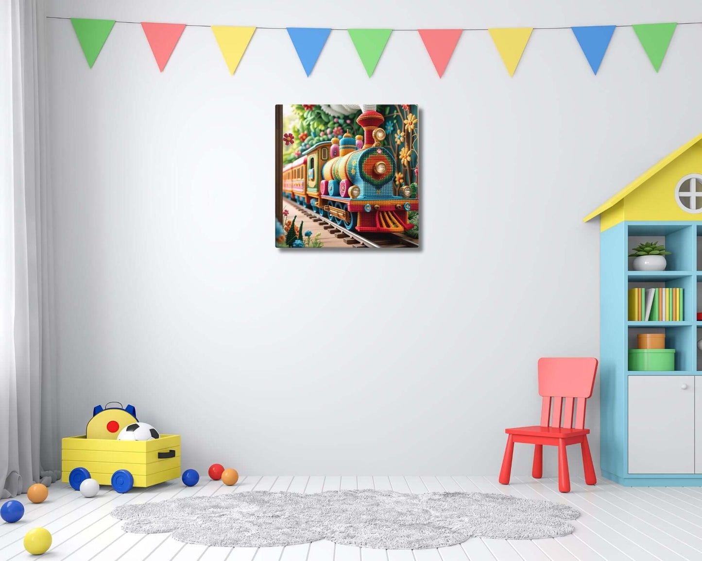 Stretched "{{product-type}}" with a colorful cross-stitch design of a train. The "{{title}}" art is a charming and unique decor piece for a child's nursery.