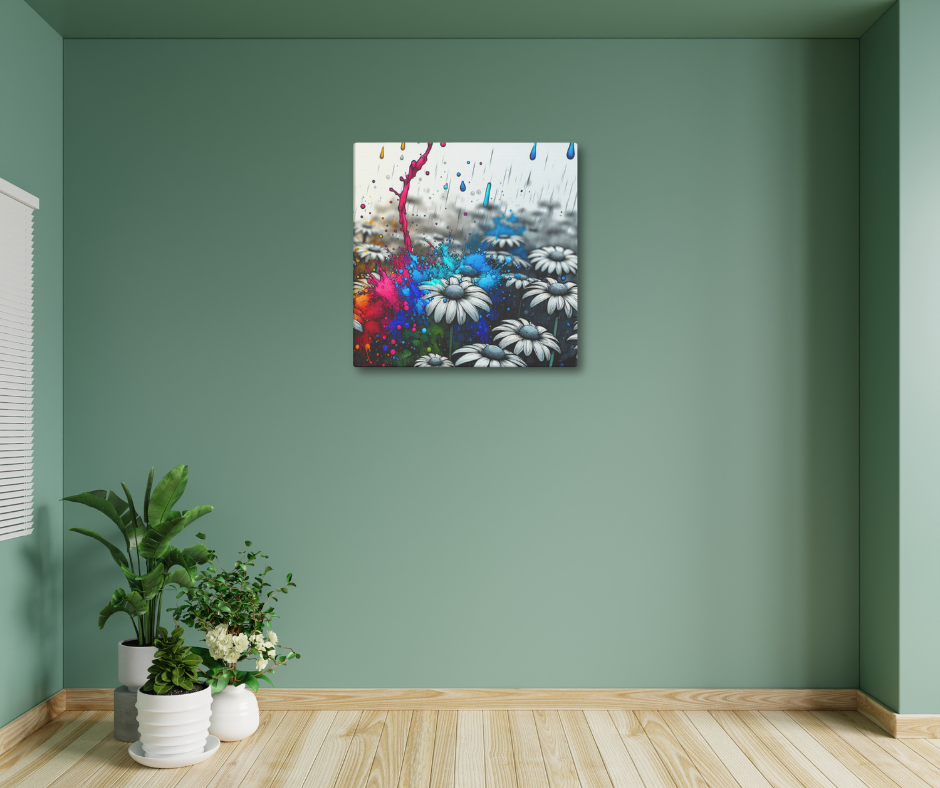 Canvas art titled 'Color Burst Daisy,' featuring an abstract daisy flower with vibrant, colorful brushstrokes, perfect for bold and modern home decor.
