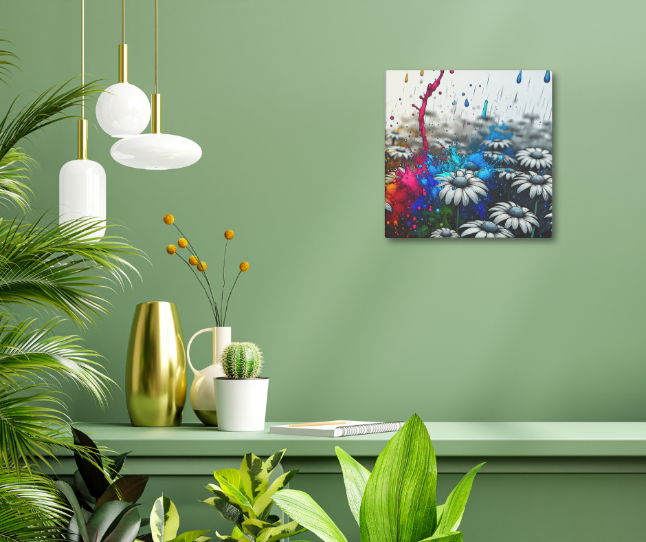 Canvas art titled 'Color Burst Daisy,' featuring an abstract daisy flower with vibrant, colorful brushstrokes, perfect for bold and modern home decor.