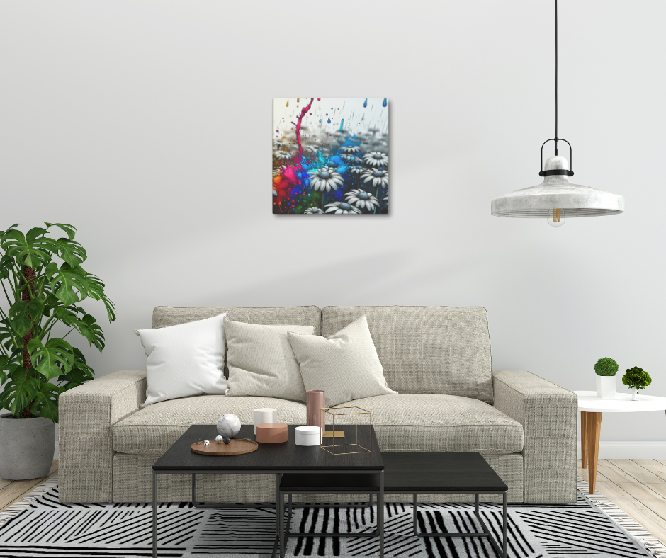 Canvas art titled 'Color Burst Daisy,' featuring an abstract daisy flower with vibrant, colorful brushstrokes, perfect for bold and modern home decor.