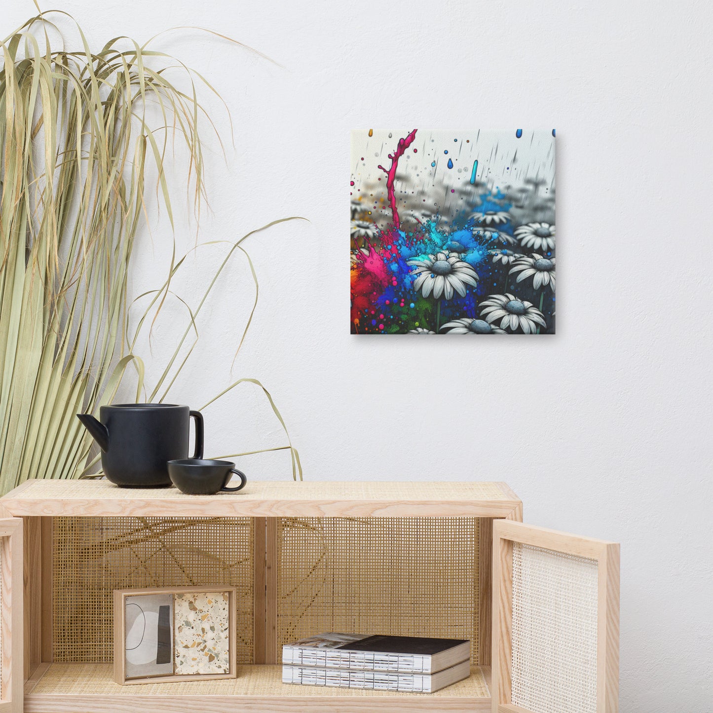 Canvas art titled 'Color Burst Daisy,' featuring an abstract daisy flower with vibrant, colorful brushstrokes, perfect for bold and modern home decor.