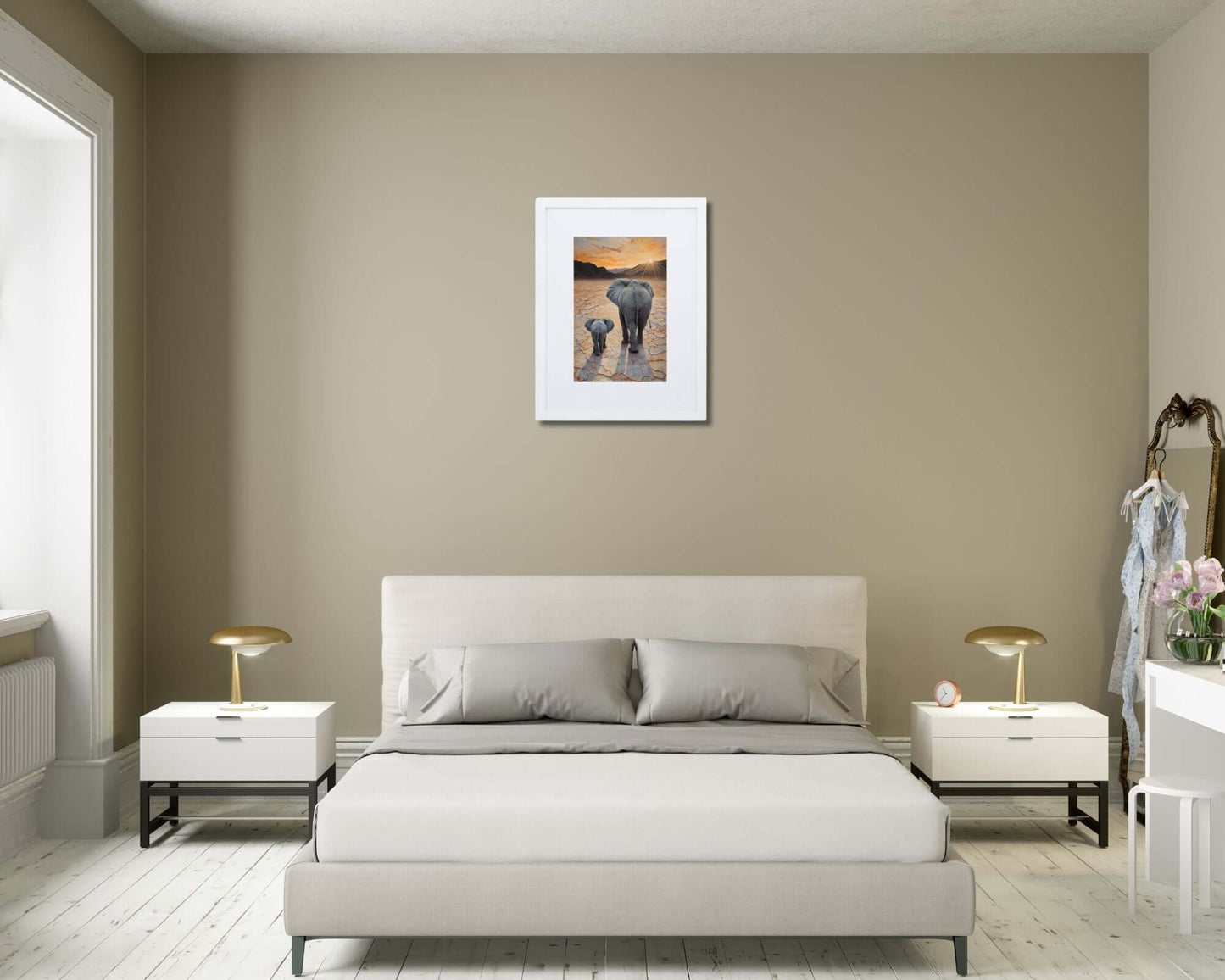 Framed "{{product-type}}" featuring a mother and baby elephant with the title "{{title}}". A thoughtful nursery and new mum gift.
