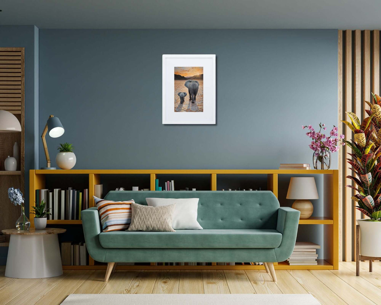 Framed "{{product-type}}" featuring a mother and baby elephant with the title "{{title}}". A thoughtful nursery and new mum gift.