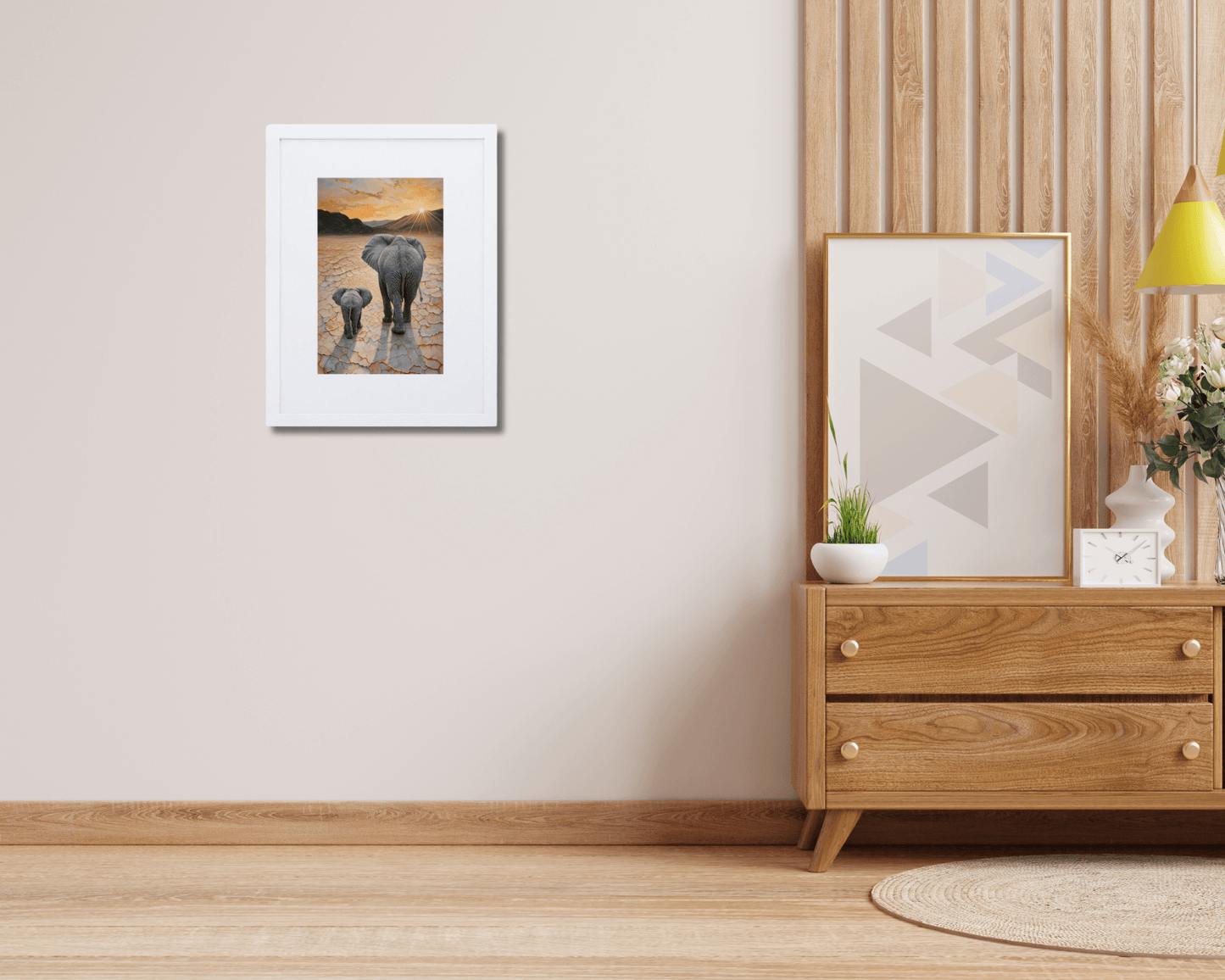 Framed "{{product-type}}" featuring a mother and baby elephant with the title "{{title}}". A thoughtful nursery and new mum gift.