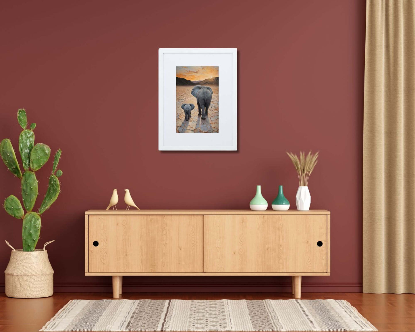 Framed "{{product-type}}" featuring a mother and baby elephant with the title "{{title}}". A thoughtful nursery and new mum gift.