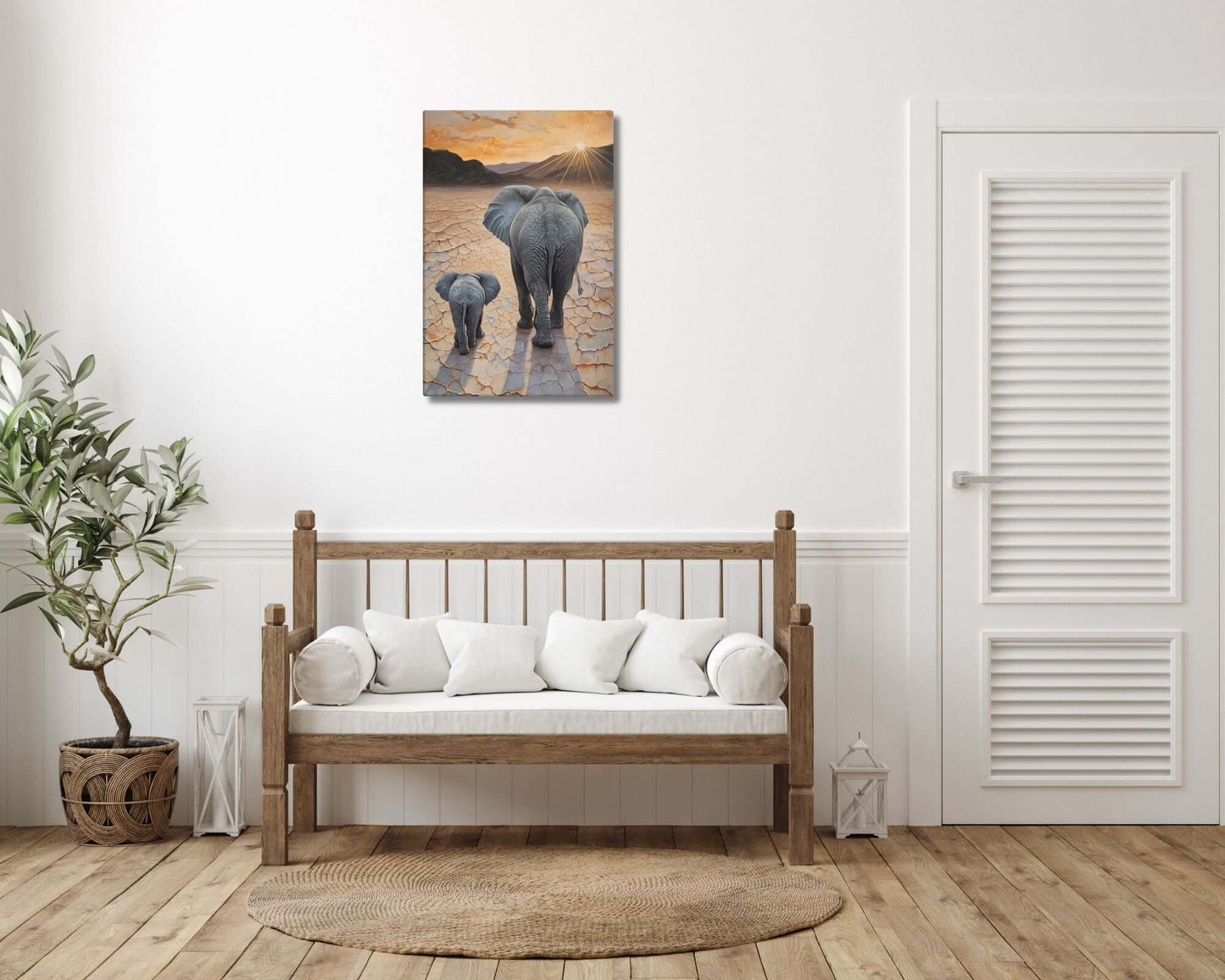 Stretched "{{product-type}}" with a mother and baby elephant at sunset, symbolising motherhood and family. The "{{title}}" design is ideal for nursery art.