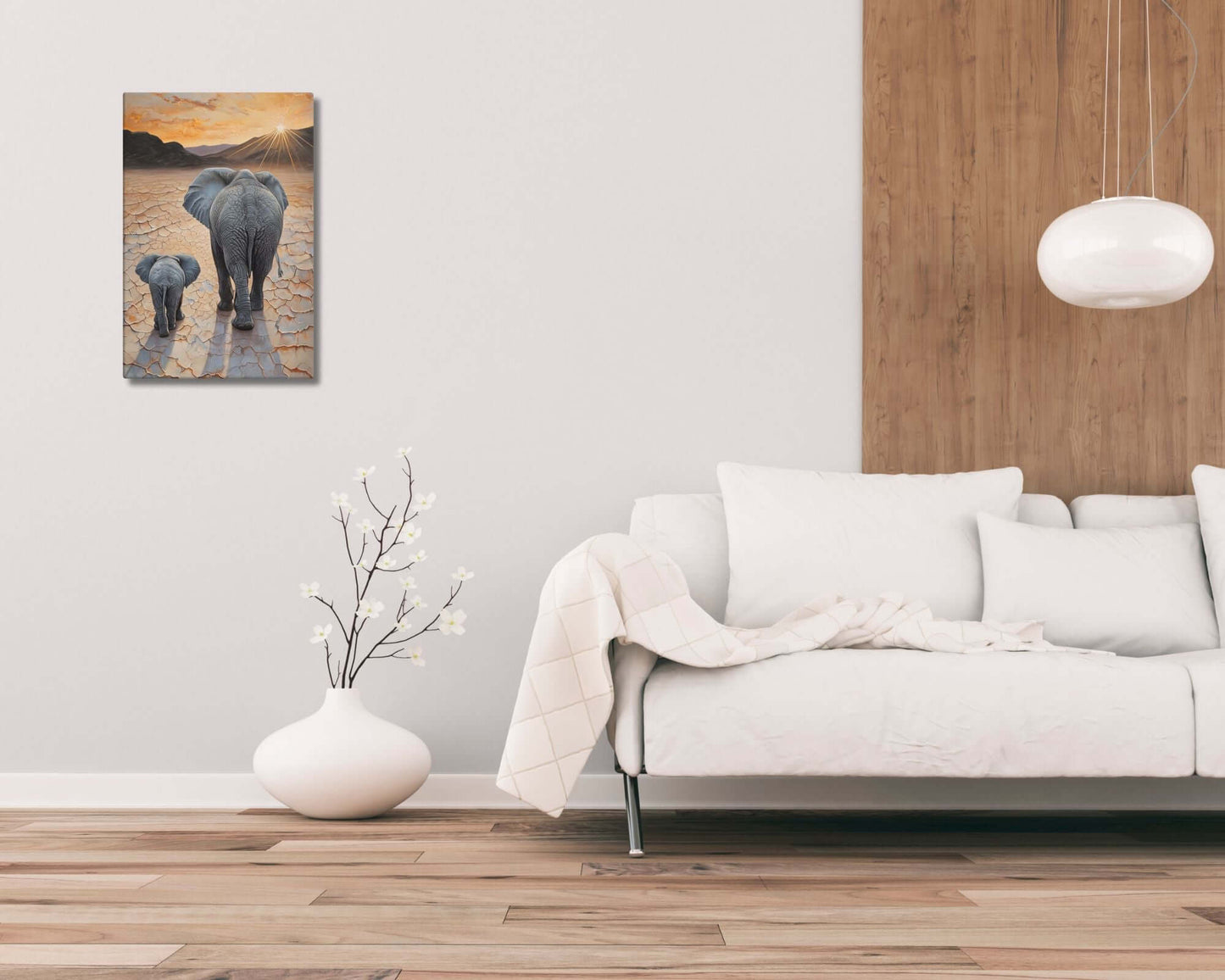 Stretched "{{product-type}}" with a mother and baby elephant at sunset, symbolising motherhood and family. The "{{title}}" design is ideal for nursery art.