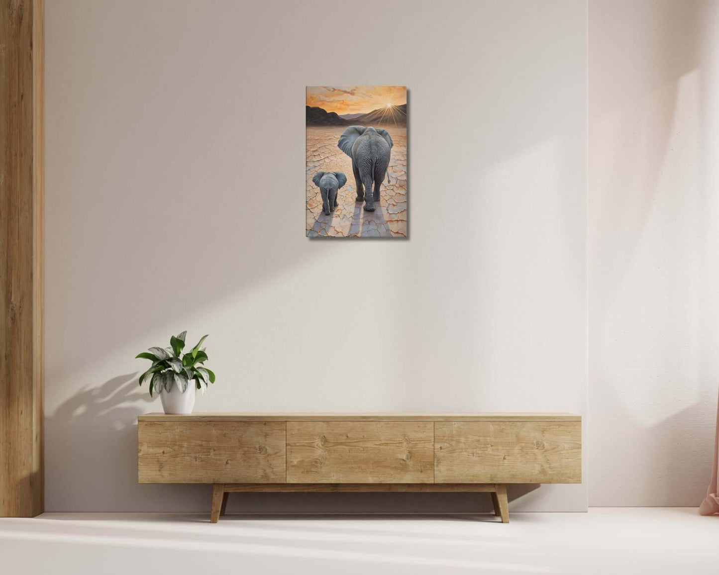 Stretched "{{product-type}}" with a mother and baby elephant at sunset, symbolising motherhood and family. The "{{title}}" design is ideal for nursery art.