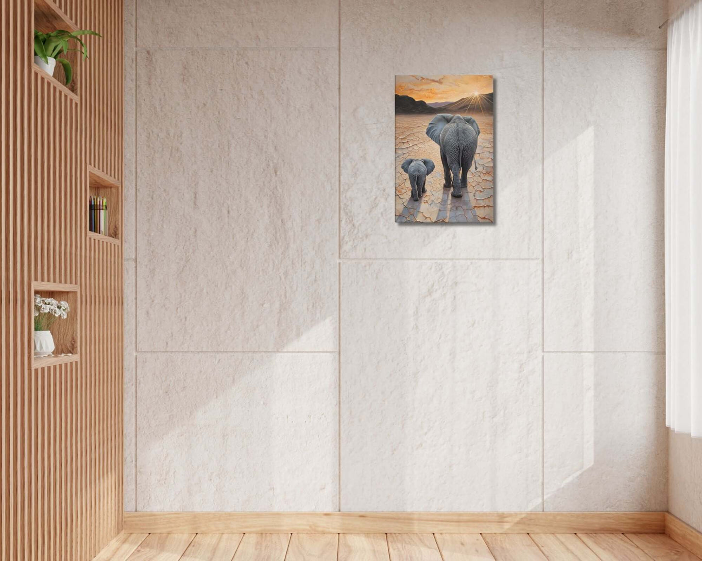 Stretched "{{product-type}}" with a mother and baby elephant at sunset, symbolising motherhood and family. The "{{title}}" design is ideal for nursery art.