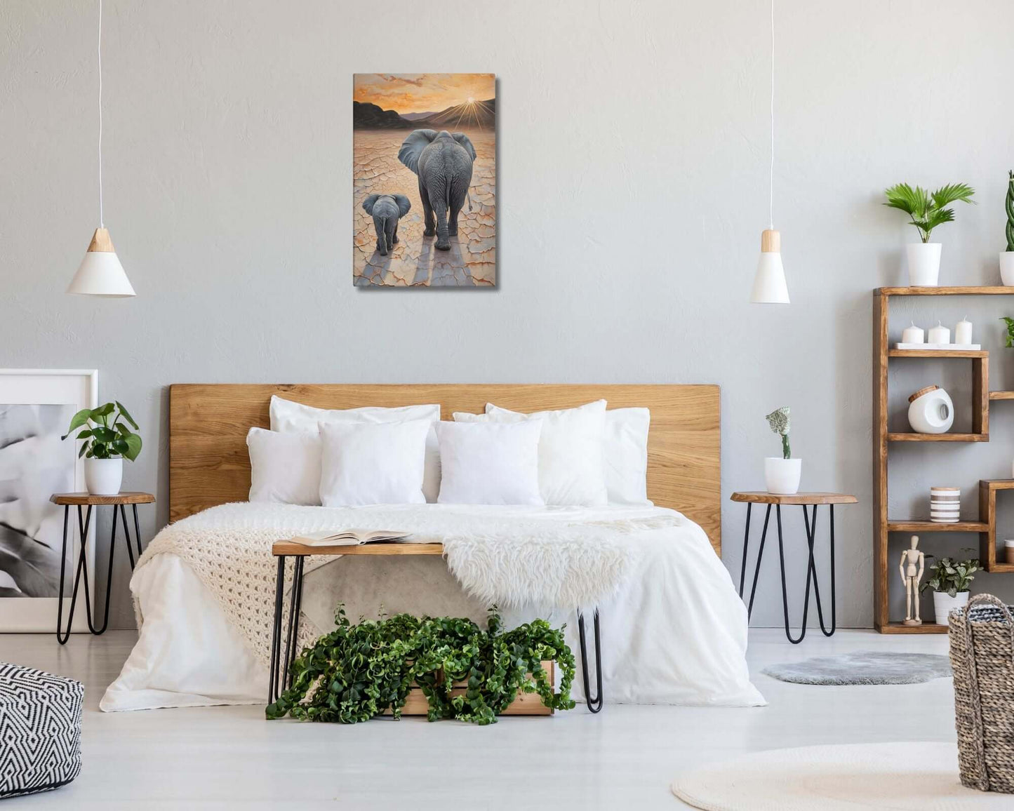 Stretched "{{product-type}}" with a mother and baby elephant at sunset, symbolising motherhood and family. The "{{title}}" design is ideal for nursery art.