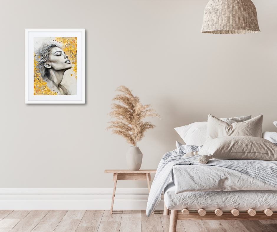Black framed poster with mat showcasing a serene watercolor portrait of a woman's face with golden floral accents. Elegant and inspirational wall art for home decor.