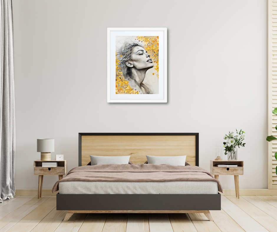Black framed poster with mat showcasing a serene watercolor portrait of a woman's face with golden floral accents. Elegant and inspirational wall art for home decor.