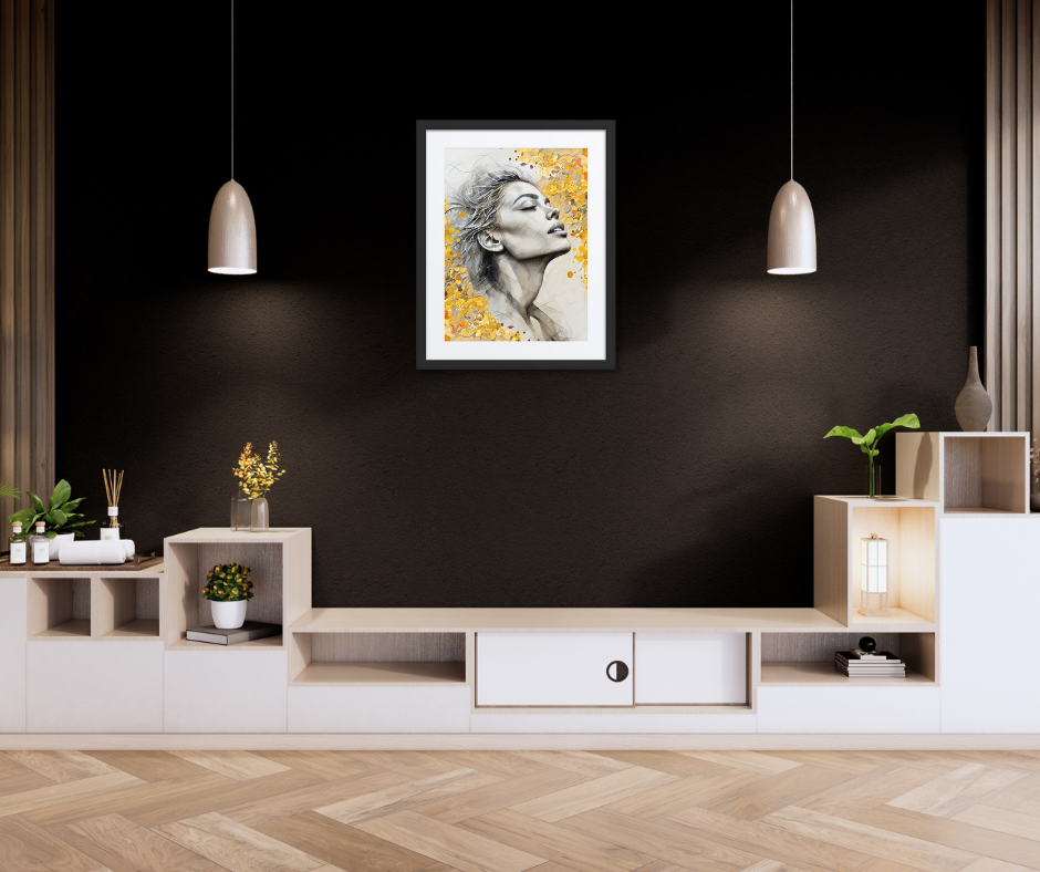 Black framed poster with mat showcasing a serene watercolor portrait of a woman's face with golden floral accents. Elegant and inspirational wall art for home decor.